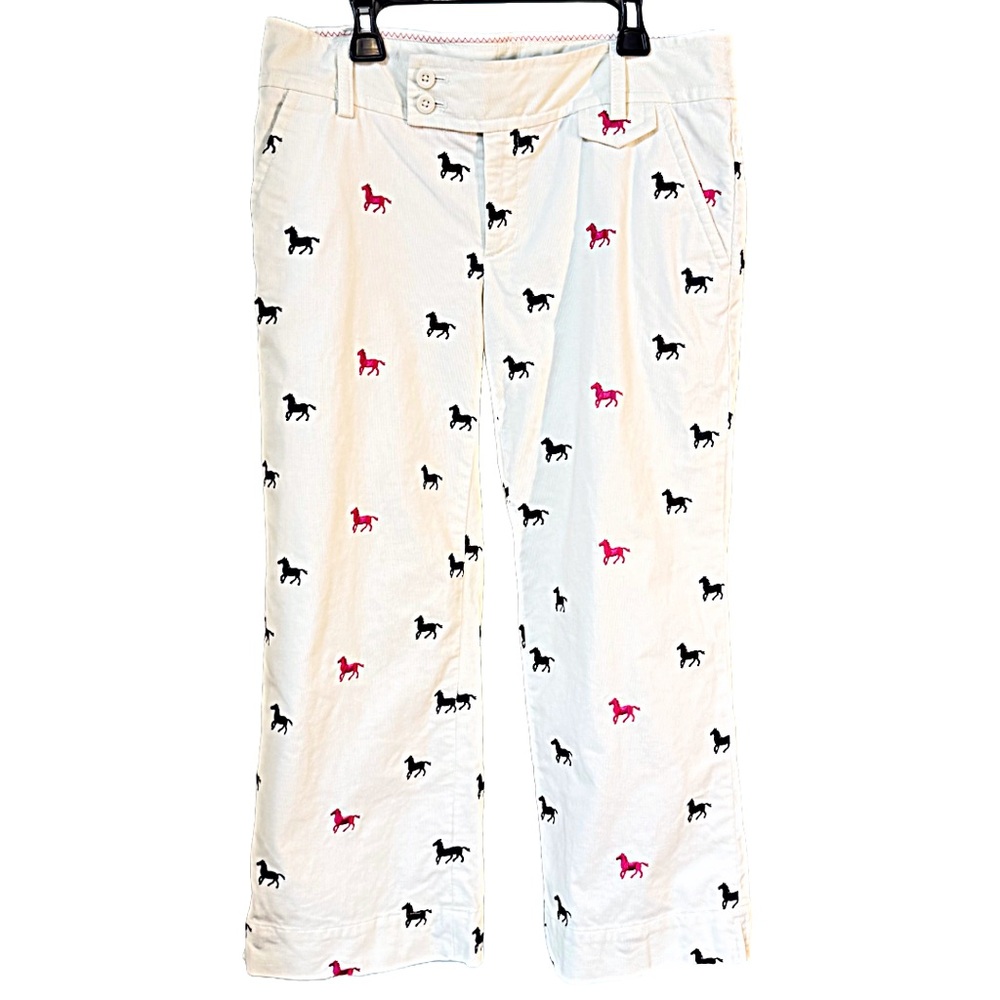 Lilly Pulitzer Sz 4 Embroidered Horses Ivory Palm Beach Fit Cotton Crop Pants